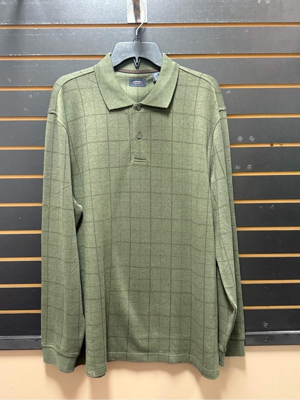 Arrow Polo Shirt Mens L Green Long Sleeve Golf Casual Windowpane